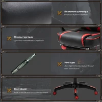 HOMCOM Fauteuil gamer, chaise gaming, siège de bureau réglable, avec repose-pieds et coussin, pivotant inclinable revêtement synthétique noir rouge(m-7)