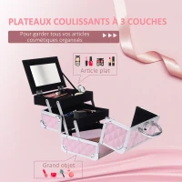 HOMCOM Mallette à maquillage rangement à 3 niveaux avec miroir verrouillage avec 2 clés dim. 20L x 15l x 15H cm rose(m-6)