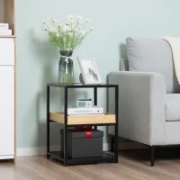 HOMCOM Mesa Auxiliar de 3 Niveles Mesita de Noche Estilo Moderno con Encimera de Cristal Estantes de Madera y de Acero para Dormitorio Salón 40x40x55 cm Negro(m-2)