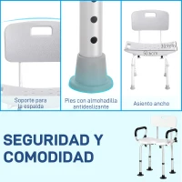 HOMCOM Taburete de Ducha Silla para Ducha con Respaldo Antideslizante Altura Regulable en 8 Niveles Carga 136 kg(m-5)