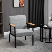 HOMCOM Akzentsessel im Skandidesign, Ruhesessel ,Akzentstuhl, Leinenoptik, Kautschukholz, Grau + Schwarz + Braun(m-2)
