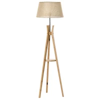 HOMCOM Natural Wood Tripod Floor Lamp Light E27 Base Bedroom Living Room Fabric Shade Storage Shelf Foot Switch, 156cm, Beige(m-11)