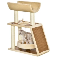 PawHut Árbol Rascador para Gatos 60x30x76 cm con Cama de Lino Postes Rascadores de Sisal Natural Plataforma Tipo Túnel Rampa y Juguetes Colgantes Beige y Marrón(m-1)