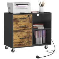 HOMCOM Mobile per Stampante con 3 Cassetti, 2 Ripiani Aperti e Foro Passacavi, in MDF, 80x40x65.5 cm, Marrone e Nero(m-1)