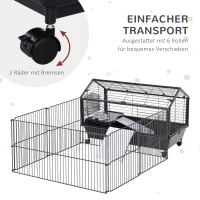 Pawhut Kleintierkäfig mit Freigehege inkl. Zubehör 88 cm x 128,5 cm x 56 cm  4 Rollen Schwarz Metall Polypropylen(m-6)