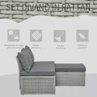 Outsunny Set Mobili da Giardino con Divano 2 Posti, Contenitore e Pouf in Rattan PE Salvaspazio con Cuscini, Grigio(m-6)