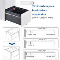 Vinsetto Caisson de bureau rangement bureau sur roulettes 3 tiroirs coulissants verrouillables trieur à dossiers dim. 39L x 48I x 59H cm acier blanc(m-7)