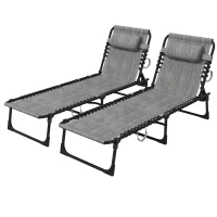 Outsunny Portable Sun Lounger Set of 2, Folding Camping Bed Cot, Reclining Lounge Chair 5-position Adjustable Backrest with Side Pocket, Pillow for Patio Garden Beach Pool, Mixed Grey(m-11)