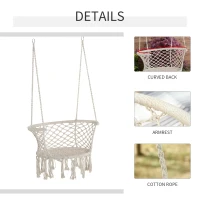 Outsunny Outdoor Hanging Rope Chair with Cotton Rope, Cotton-Polyester Blend Macrame Garden Hammock Chair with Support Backrest, for Patio, Garden, Porch, Living Room, Cream White(m-5)