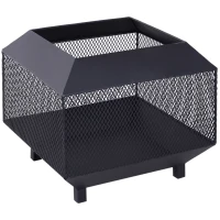 Outsunny Metal Square Fire Pit Outdoor Mesh Firepit Brazier w/ Lid, Log Grate, Poker for Backyard, Camping, Bonfire, Wood Burning Stove, 44 x 44 x 40cm, Black(m-11)