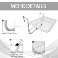 Outsunny Balkonhängetisch Gartentisch höhenverstellbar viereckig Terrasse Metall Weiß L60 x B56,5 x H45 cm(m-6)