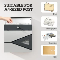 HOMCOM Wall Mounted Post Box with Viewing Window, 2 Lock, Modern Galvanised Steel Mailbox with Copper Core, Weatherproof Letterbox for Outdoor Use, Easy to Install, Silver(m-8)