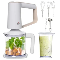 HOMCOM 5-In-1 Hand Mixer 500W Electric Whisk Five Speed w/ Stainless Steel Dough Hook Beater Blender Chopper for Kitchen Baking - White(m-1)