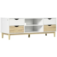 HOMCOM TV-Bank mit 4 Schubladen, 2 Fächern, Kabelöffnung, 120 cm x 40 cm x 44,5 cm, Natur + Weiß(m-10)
