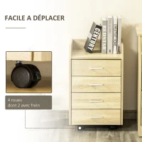 Vinsetto Caisson de bureau rangement sur roulettes 4 tiroirs coulissants MDF et panneaux de particules dim. 40L x 36l x 65H cm naturel(m-5)
