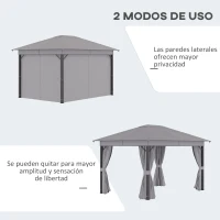 Outsunny Cenador de Jardín 4x3 m Pabellón con Techo de Ventilación 4 Cortinas Laterales con Puerta y 8 Orificio de Drenaje Gazebo de Aluminio para Exterior Patio Fiestas Gris(m-5)