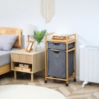 HOMCOM Wäschekorb 1 Schublade, 1 abnehmbarer Wäschekorb, 4 Räder 42 cm x 35 cm x 84,5 cm , Bambus, Natur + Grau(m-2)