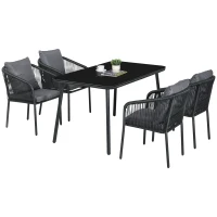 Outsunny Salon de Jardin 4 personnes en rotin PE avec chaises empilables et coussins, plateau en verre trempé cadre en aluminium(m-1)