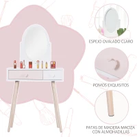 HOMCOM Tocador de Madera Infantil con Espejo y 2 Cajones 69x49x136 cm Blanco y Rosa(m-6)