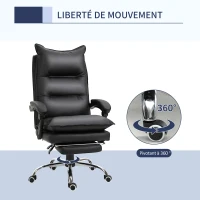 Vinsetto Fauteuil de bureau, chaise bureau ergonomique en similicuir avec large assise rembourrée, dossier inclinable, hauteur réglable, accoudoirs et repose-pied intégrés, charge 135 Kg, noir(m-6)