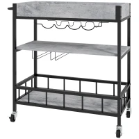HOMCOM 3-Tier Kitchen Cart, Kitchen Island with Storage Shelves, Removable Tray, Wine Racks, Glass Holders, Faux Marbled Grey(m-11)