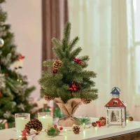 HOMCOM Mini-Weihnachtsbaum Weihnachtsdekoration, inkl. Schmuck, rote Beeren, 50 cm hoch, inkl. Zementsockel, Grün + Mehrfarbig(m-2)