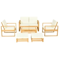 Outsunny Salon de Jardin en bois 6 pièces pour 4 personnes 2 fauteuils + 1 canapé + 1 table basse + 2 repose-pieds beige(m-10)