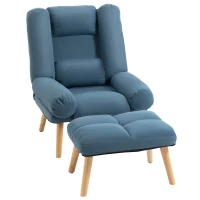 HOMCOM Armchair with Footstool, 180° Recliner with Ottoman, Accent Chair and Footstool with 3-Position Adjustable Backrest and Wooden Legs for Living Room, Blue(m-11)