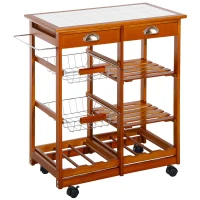 HOMCOM Rolling Kitchen Island Trolley Cart Drawer Shelves Basket Wheels W/  6 Bottle Wine Rack, Honey Colour(m-1)