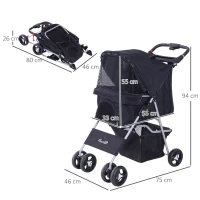 PawHut Passeggino per Cani Piccoli Pieghevole, Carrozzina per Cani con Ruote con Freni, Portabicchieri, Cestino Portaoggetti, 3 Finestre e Ruote Anteriori a 360°, per Animali Domestici 10 kg, Nero(m-3)