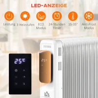 HOMCOM Ölheizung, 3 Heizstufen, Touch-Display, 15-35° C, 2000 W, Stahl, weiß, 42,5 x 24 x 63cm(m-6)