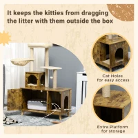 PawHut Cat Litter Box Enclosure, with Tree Tower, Cat House, Hammock, Cushion - Rustic Brown(m-7)