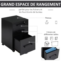 HOMCOM Caisson de bureau rangement bureau sur roulettes 3 tiroirs 1 verrouillable 1 trieur à dossiers MDF panneaux particules noir(m-6)
