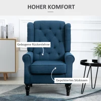 HOMCOM Eleganter Ohrensessel, dick gepolstert, abnehmbarer Bezug, 74 x 86 x 102 cm, Blau(m-5)