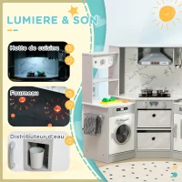 AIYAPLAY Cuisine enfant en bois avec 17 accessoires légumes en plastique boutons et lumières toque 3-6 ans gris blanc(m-5)