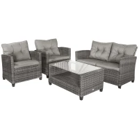 Outsunny Gartenmöbel-Set, 4-tlg., 3 Sofas, Beistelltisch, Sitzkissen, Alurahmen, PE-Rattan, Grau(m-1)