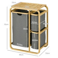 HOMCOM Panier à linge panier de rangement corbeille à linge bac linge sale en bambou 3 paniers - 49l x 33P x 70H cm gris(m-3)