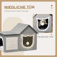 PawHut Katzenhaus mit Kratzfläche, inkl. Spielball, Katzenhöhle, 65 cm  x 41 cm x 45.5H cm, Braun + Weiß + Beige(m-6)