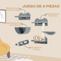 PawHut Juego de Escalada para Gatos de Pared Estantes para Gatos 4 Piezas Hamaca Nido Plataformas para Saltar Gris(m-5)