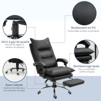 Vinsetto Fauteuil de bureau, chaise bureau ergonomique en similicuir avec large assise rembourrée, dossier inclinable, hauteur réglable, accoudoirs et repose-pied intégrés, charge 135 Kg, noir(m-7)
