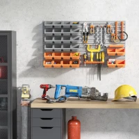 DURHAND Estantería de Pared para Herramientas 95x54 cm con 28 Cajas Apilables y Diferentes Ganchos Gris y Naranja(m-2)