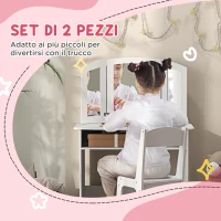 AIYAPLAY Set da Trucco per Bambini con Tavolo Toeletta con Specchio Triplo Rimovibile e Sedia in Legno Bianco(m-4)