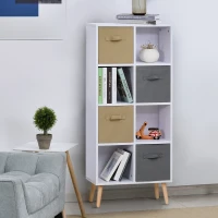 HOMCOM Biblliothèque étagère scandinave 4 niches 4 paniers tissu kaki gris pieds effilés bois pin panneaux particules blanc(m-2)