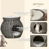 PawHut Cesta per Gatti a 2 Livelli in Rattan PE con Cuscini Lavabili in Peluche, Φ50x43.5cm(m-7)
