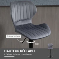 HOMCOM Lot de 2 Tabouret de Bar Design Contemporain Hauteur d'assise réglable 60-82 cm pivotant 360° Repose-Pied Velours Gris(m-5)