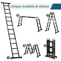 DURHAND Scala in Alluminio 5 in 1 Nera per Interni ed Esterni, Carico Massimo 150kg, 370x61x11 cm(m-4)