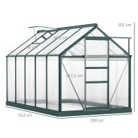 Outsunny 6 x 10ft Polycarbonate Greenhouse, Large Walk-In Green House with Slide Door and Window, Garden Plants Grow House with Aluminium Frame and Foundation, Dark Green(m-3)