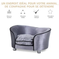 PawHut Canapé chien chat sur pied style  contemporain lit animaux avec accoudoir dossier coussin amovible grand confort + poche rangement revêtement peluche courte 69 x 49 x 38 cm gris(m-7)