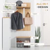 HOMCOM Garderobe mit Schuhbank, 1 Hutablage, 4 Kleiderhaken, Natur + Weiß(m-4)