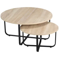 HOMCOM Lot de 2 tables gigognes tables basses rondes style industriel plateau aspect bois clair et piètement en métal noir(m-9)